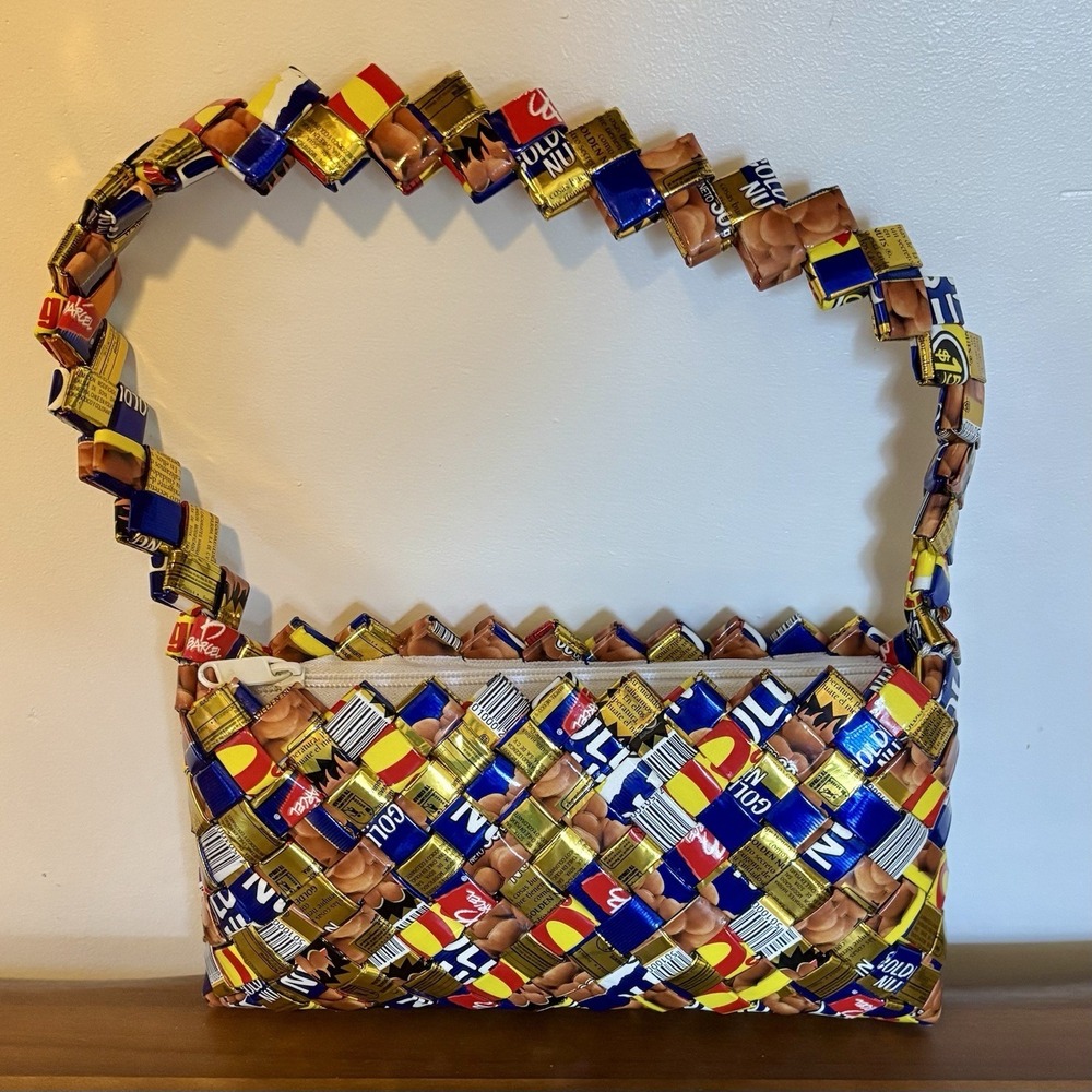 Multicolor Recycled Candy Wrapper Zig Zag Pattern Zipper Purse Clutch Bag